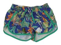 Tmavomodro-zelené plážové kraťasy s papoušky