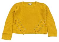 Hořčicový žebrovaný pletený crop svetr se šněrováním PRIMARK