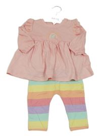 2Set - Broskvové šaty s duhou a volánky s madeirou + barevné pruhované turecké legíny Matalan