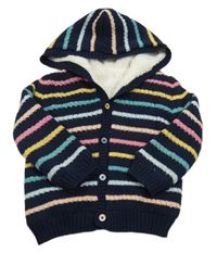 Tmavomodro-barevný pruhovaný perforovaný propínací zateplený svetr s kapucí George