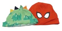 2x - Čepice - Zelená žebrovaná s dinosaury a ostny Tu, červená - Spider-man MARVEL