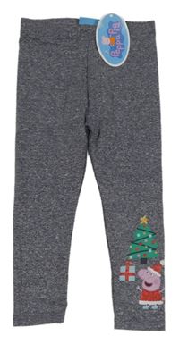 Nové - tmavomodro-stříbrné pruhované melírované legíny s Peppa Pig a vánočním stromečkem Next