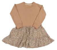 Pudrovo-světlehnědé teplákovo/bavlněné šaty s kytičkami 