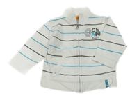 Bílo-modrozeleno-tmavohnědá pruhovaná propínací mikina s nápisem STACCATO