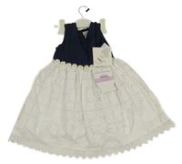 Nové - smetanovo-tmavomodré krajkovo/plátěné šaty s květy BLUERBER