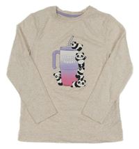 Světlebéžové melírované triko s pandami a nápojem PRIMARK