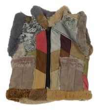 Barevná patchwork semišovo/koženková zateplená vesta s kožešinou