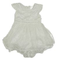 Bílé vyšívané tylové slavnostní šaty s volánky 