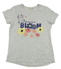 Světlešedé melírované tričko s kytičkami a zajíčkem a nápisy Kids