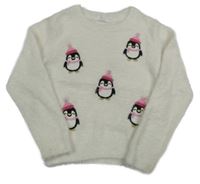 Smetanový chlupatý svetr s tučňáčky PRIMARK
