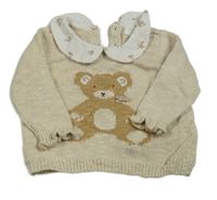 Béžový svetr s medvědem a květovaným límečkem Next