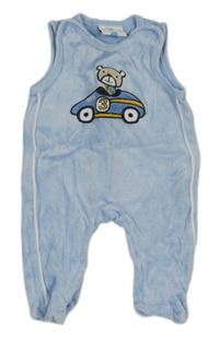 Světlemodré sametové dupačky s autem s medvědem Topomini