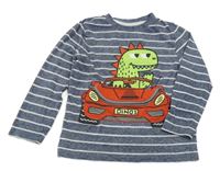Tmavomodro-bílé pruhované triko s autem s dinosaurem F&F