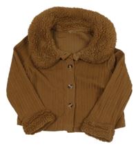 Hnědá žebrovaná propínací mikina s chlupatinou