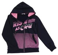 Tmavomodro-růžová propínací mikina s pruhy s nápisem a kapucí