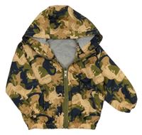 Khaki-hnědo-černá šusťáková jarní bunda s dinosaury a kapucí