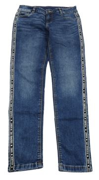 Tmavomodré skinny rifle s pruhem s nápisy