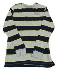 Šedo-tmavomodro-žluté pruhované pyžamové triko s nápisem