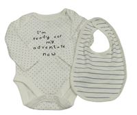 2 set - Bílé puntíkaté body s nápisem + bílo-modrý pruhovaný bryndák 