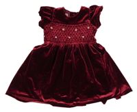 Rubínové sametové šaty s kvítky a páskem Bhs