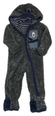 Tmavomodrá chlupatá podšitá kombinéza s medvědem a kapucí Lupilu