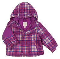 Fialovo-fuchsiová kostkovaná šusťáková zateplená bunda s kapucí 