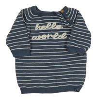 Tmavomodro-bílý pruhovaný lehký svetr s nápisem F&F