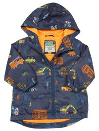 Tmavomodrá šusťáková jarní bunda s auty a kapucí F&F