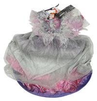 Nové - kostým - 2 set - šedo-fialové tylové šaty s kostrou a obručí + čelenka se závojem Tu