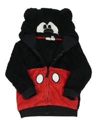 Černo-červená sametovo/chlupatá propínací mikina s kapucí - Mickey mouse H&M