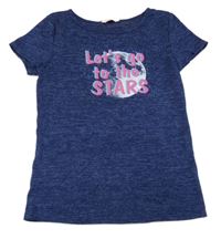 Tmavomodré melírované úpletové tričko s měsícem a nápisem 