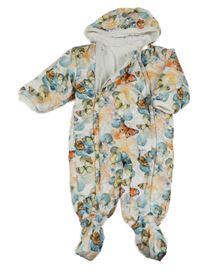 Bílo-oranžovo-zelená vzorovaná šusťáková zimní kombinéza s motýlky a kapucí +capáčky 