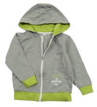 Šedo-zelená propínací mikina s nápisem a kapucí 