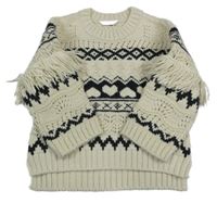 Béžovo-černý vzorovaný svetr s třásněmi M&S