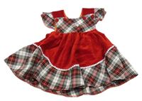 Červeno-bílo-černé sametové šaty s kostkovanými prvky 