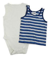 2set - Bílé body + modro-bílo-šedý pruhovaný nátělník 
