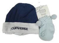 Nové - 2set - Světlemodré ponožky s bambulemi + tmavomodro-bílá čepice Converse 