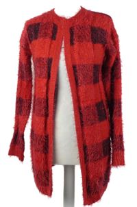 Dámský červeno-černý kostkovaný chlupatý svetrový cardigán Esmara 