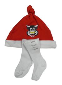 2set - Červeno-bílá čepice s býkem + bílé ponmožky - nové