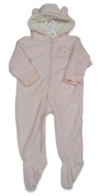 Nové - Světlerůžová plyšová kombinéza s medvídkem a kapucí 