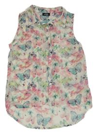 Bílo-barevná šifonová halenka s motýly Page one young