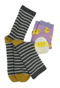 2x ponožky - tmavošedo-šedé pruhované thermo + lila s kuřaty
