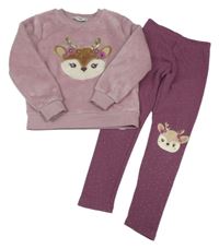 2set - Lila plyšová mikina s jelenem + fialové zateplené legíny C&A