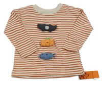 Nové - Cihlovo-béžové pruhované haloweenské triko s nášivkami 