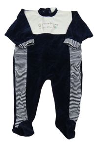 Tmavomodro-bílý sametový overal s nápisem 