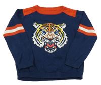 Tmavomodro-červený svetr se lvem Minoti