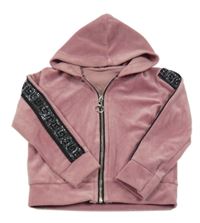 Růžová sametová propínací mikina s kamínky a kapucí 