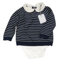 Nové - Tmavomodro-bílý pruhovaný svetr se všitým body Tu