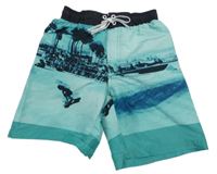 Tyrkysovo-tmavomodré plážové kraťasy s potiskem pláže H&M