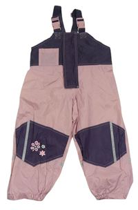 Starorůžovo-lilkové šusťákové nepromokavé laclové kalhoty s kytičkami